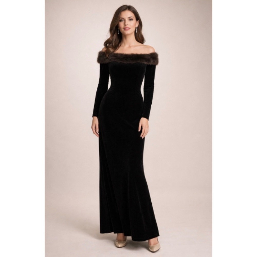 Onyx Nite Wendye Chaitin Black Velvet Faux Fur Maxi Dress Gown 14 NWT‎ Vintage